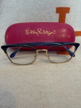 Lilly Pulitzer, Barlowe Model Blue and Gold Cat-Eye Glasses with Pink Case